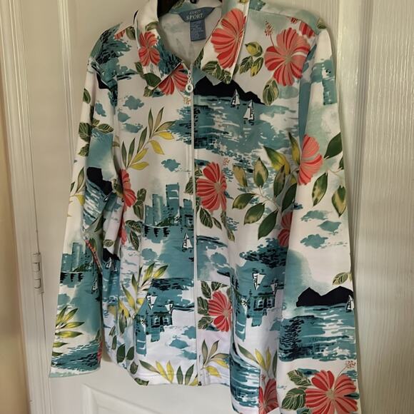 Korey Sport Women’s PL jacket tropical scenes. White, turquoise, orange. - Picture 8 of 8